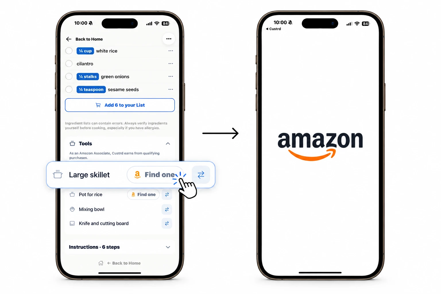 The Tools card on a Custrd recipe with Find one tapped next to Large skillet, and the Amazon app opening from Custrd