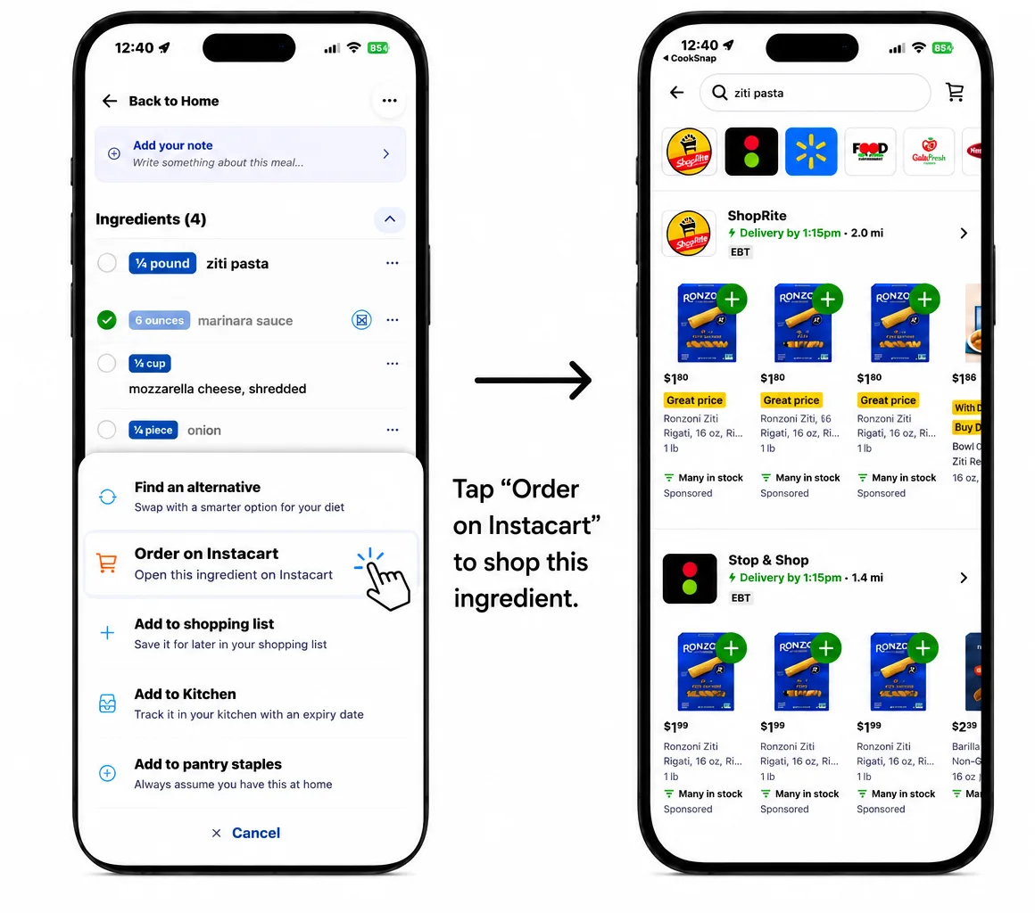 CookSnap ingredient menu with 'Order on Instacart' selected, and the Instacart app open with that ingredient searched and ready to add to a cart